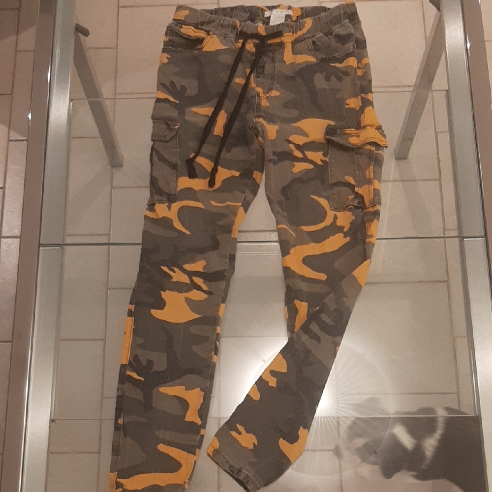 RevampedCAMO💚Women's Yellow and Brown Cargo Jeans with Draw Strings Size S